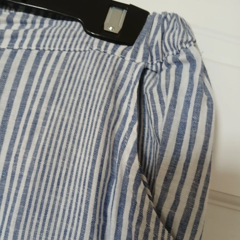 Striped Blue White Wiide Leg, 55% Linen 45% Cotton Elastic Waist Pants - Picture 4 of 10